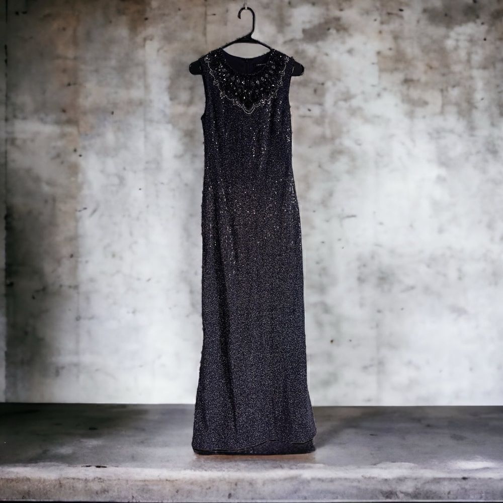 Carmen Marc Valvo Black Beaded Sequin Evening Formal Gown Dress 6